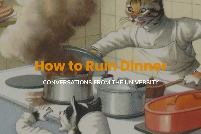 illustration of cats cooking and burning food on a stove top. Name of the podcast, "How to Ruin Dinner" overlaid on top.